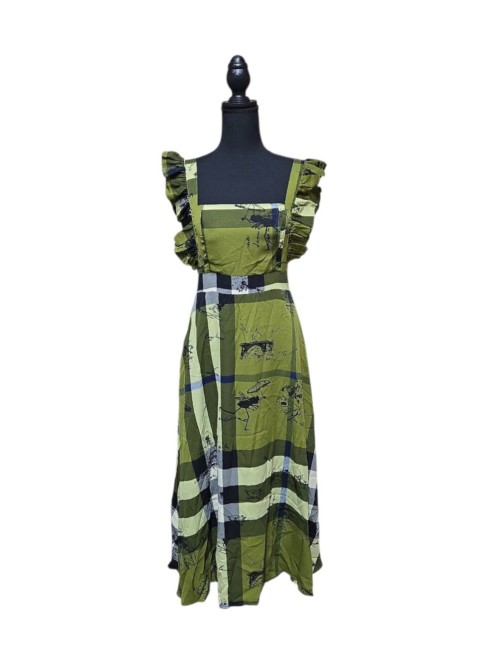 Green Plaid Ruffle Strap Midi Dress